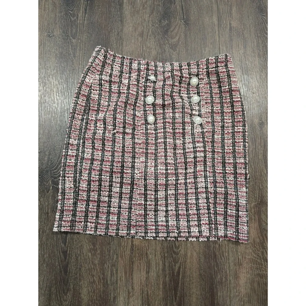 Amy Byer Girls Tweed Plaid Mini Skirt Red White Black Pearl Buttons Size L 14